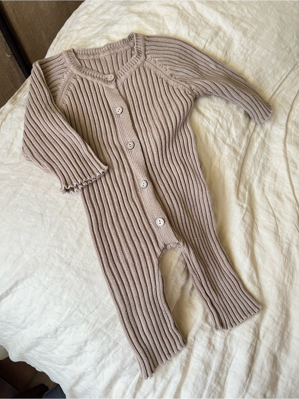Knit Ribbed Baby One-Piece Romper in Light Taupe